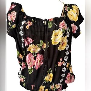 love, Fire Black Floral Off-Shoulder Top with Yellow & Pink Roses
